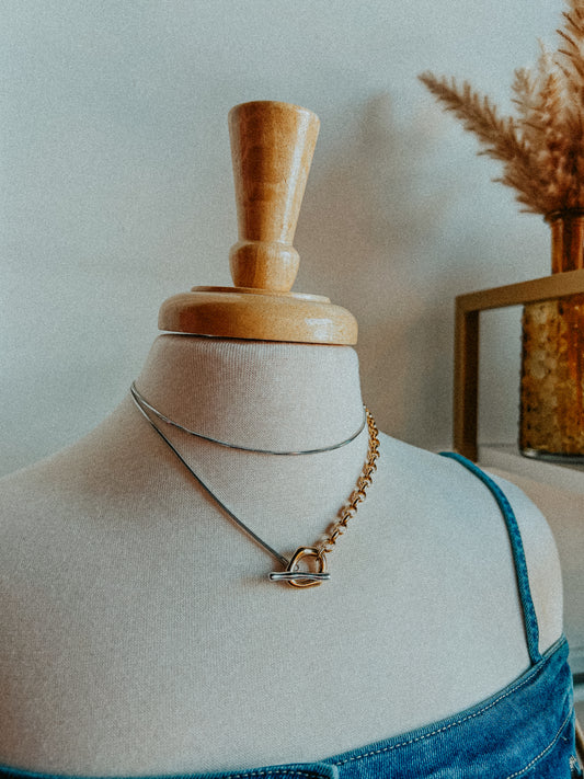 18K Gold Plated Stainless Steel Buckle Lariat Necklace- Mixed Metal