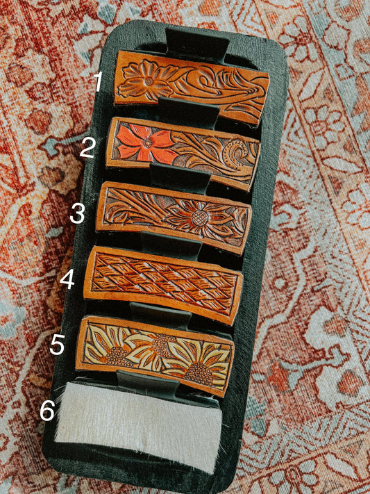 Geniune Leather Hand Tooled Hair Clips