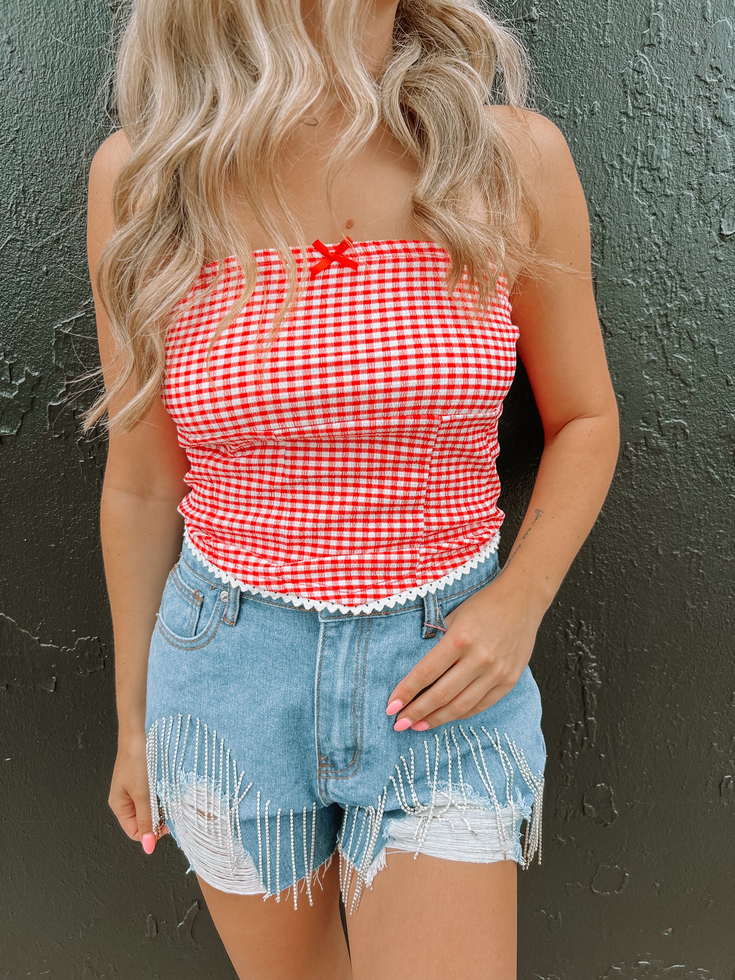 Red Checkered Bandeau Top