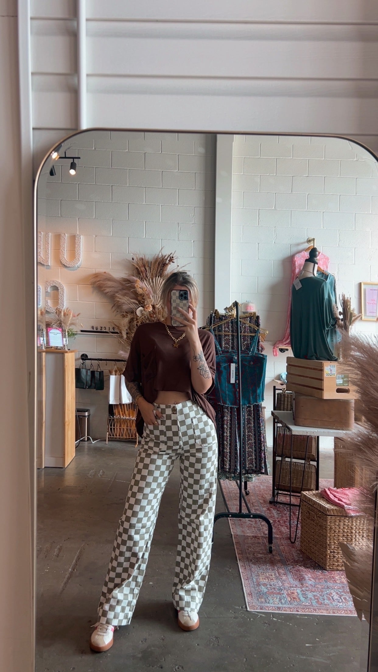 Taupe Checkered Denim Pants