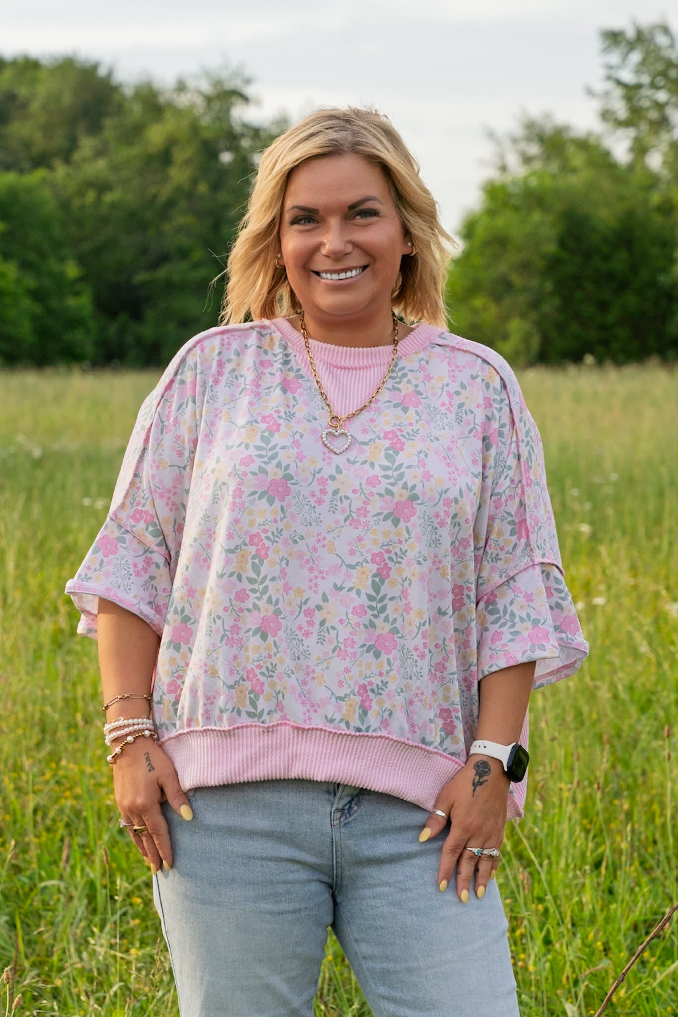 Oversized Floral Ruffled Sleeve Top