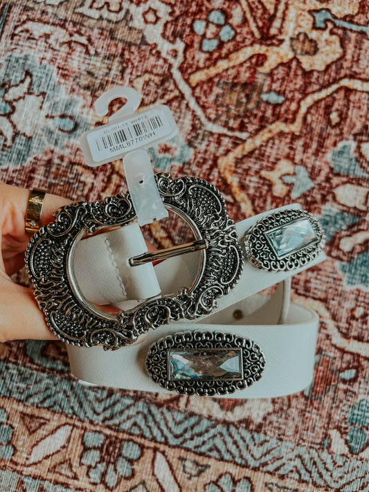 Embroidered Buckle White Belt