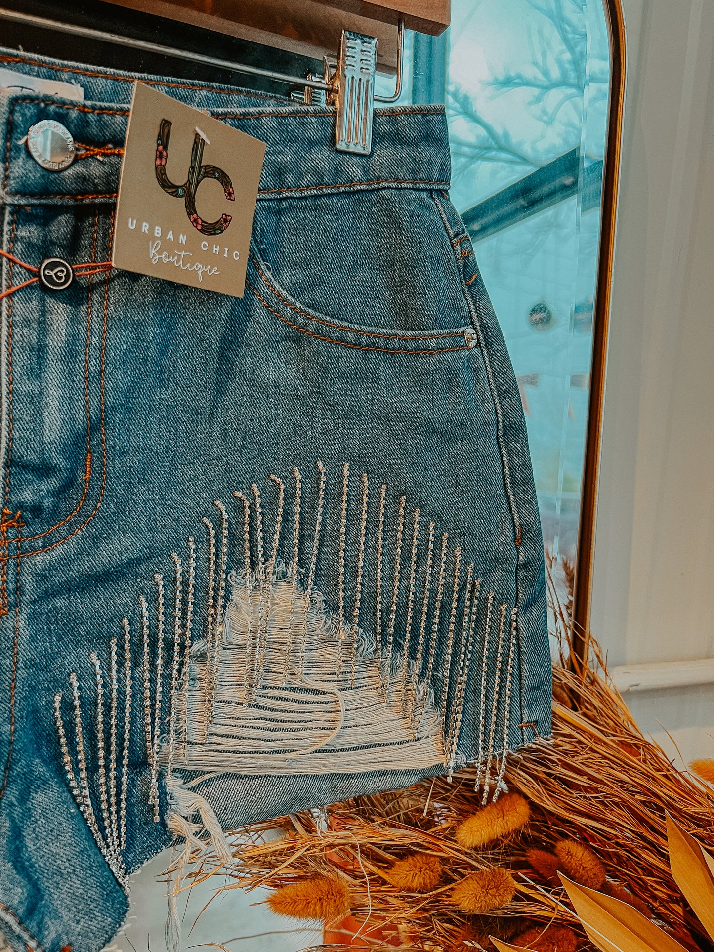 Rhinestone Fringe Denim Shorts