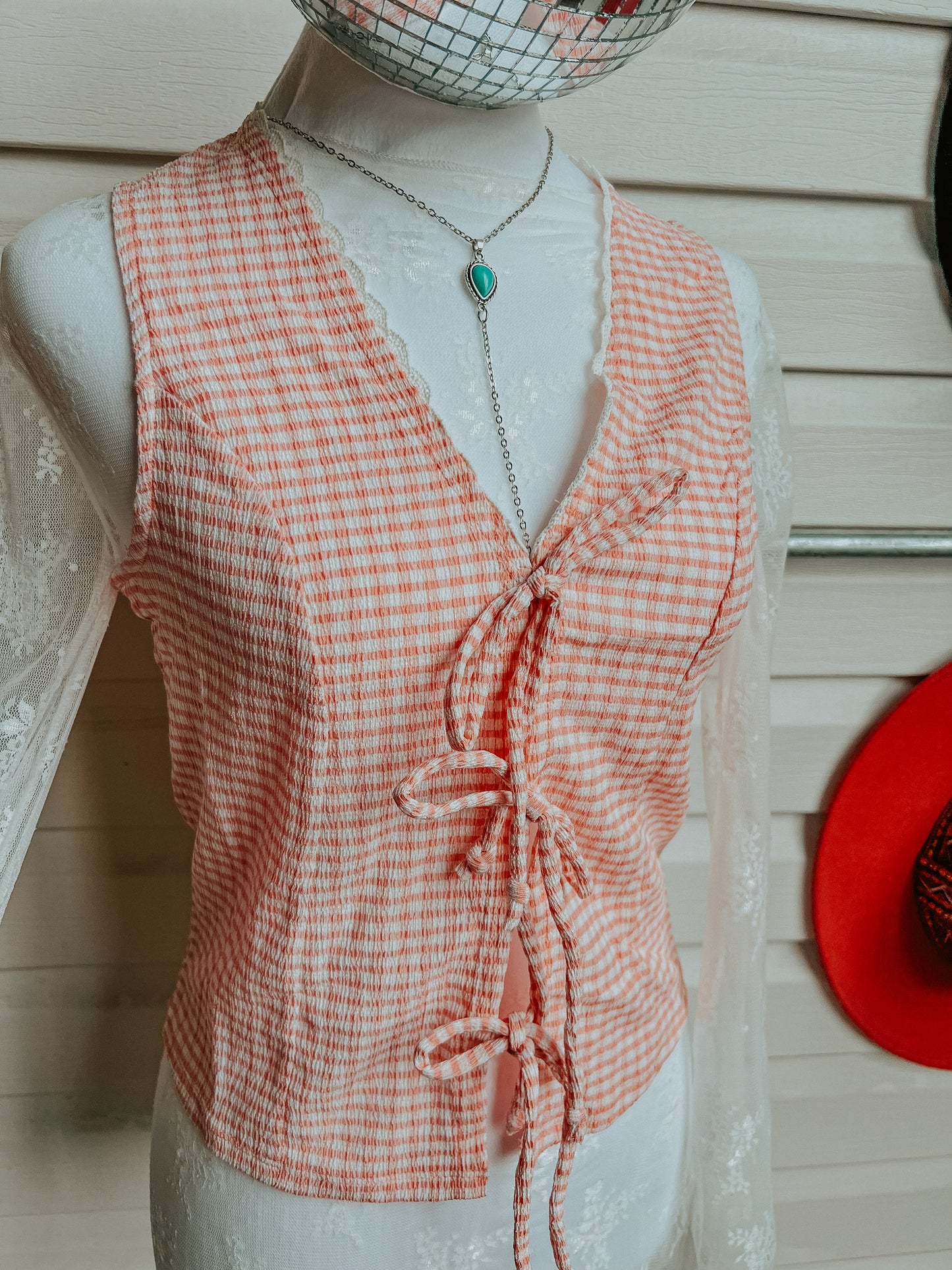 Pink Gingham Front Tie Vest