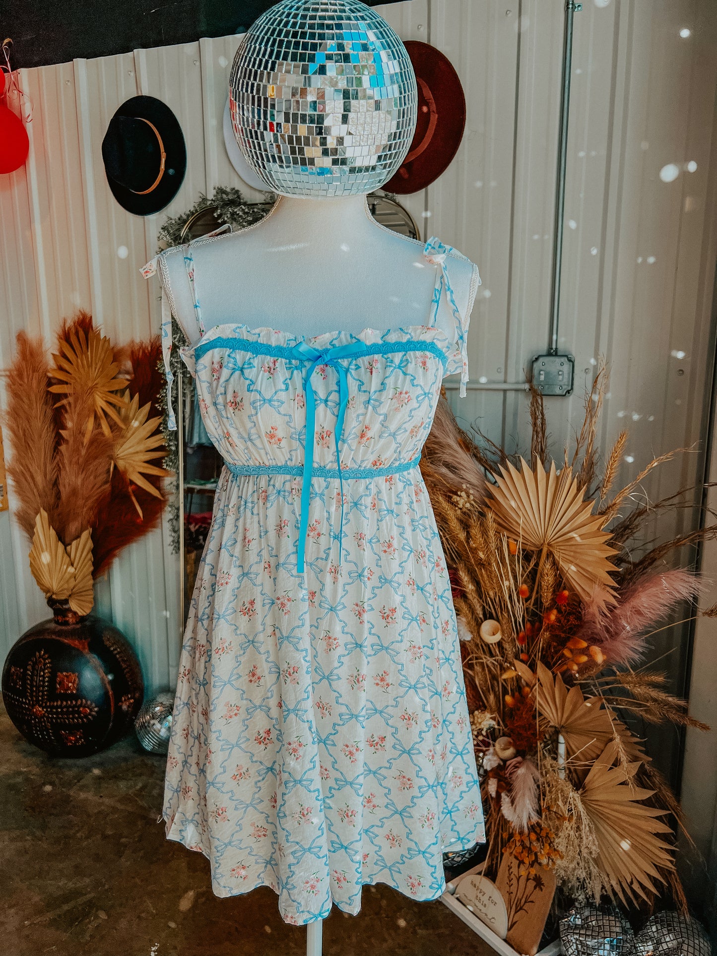Floral Bow Pattern Tie Strap Dress