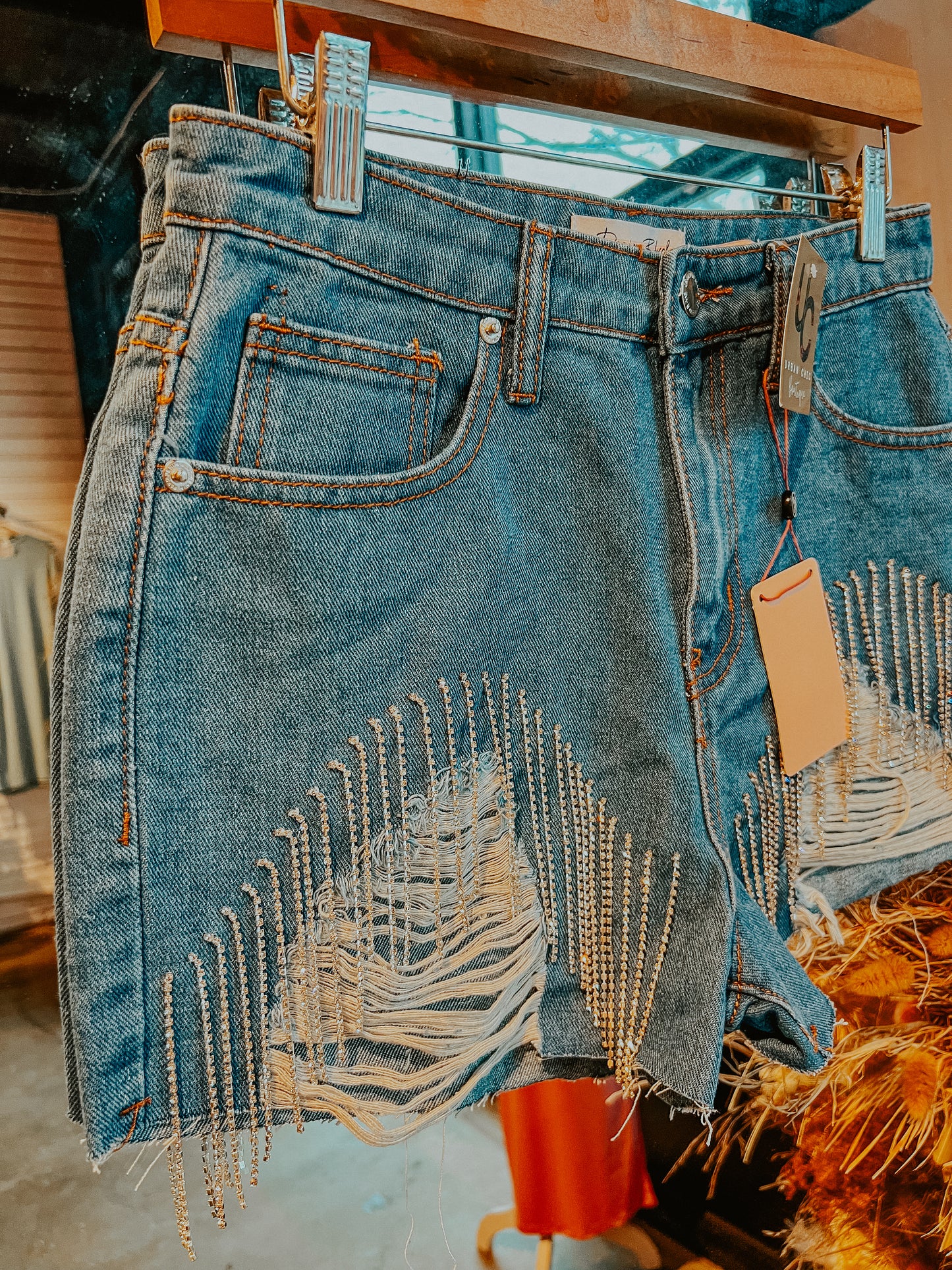Rhinestone Fringe Denim Shorts