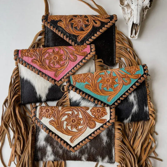 The Cassie - Pink Tooled Crossbody Western Tooled Leather Cowhide