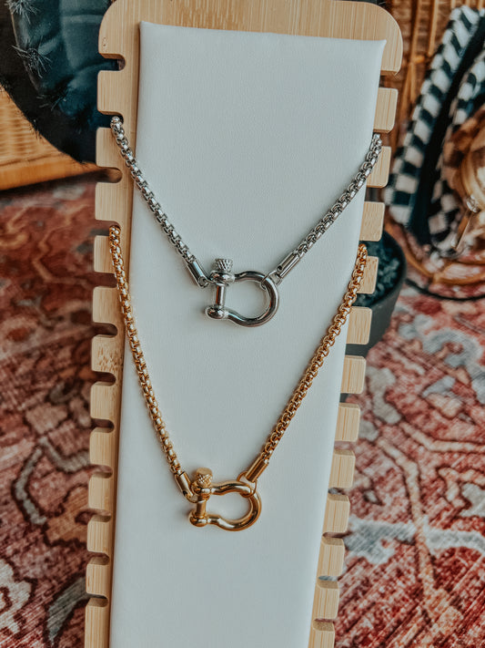 18K Gold & Silver Horseshoe Buckle Charm Necklace