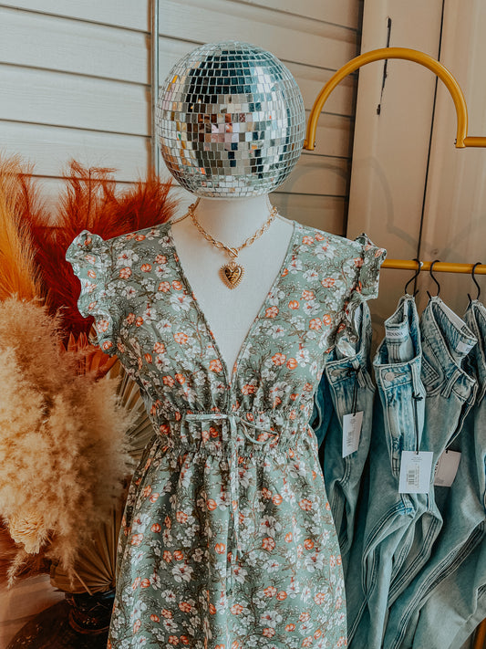 V-Neck Sage Floral Midi Dress