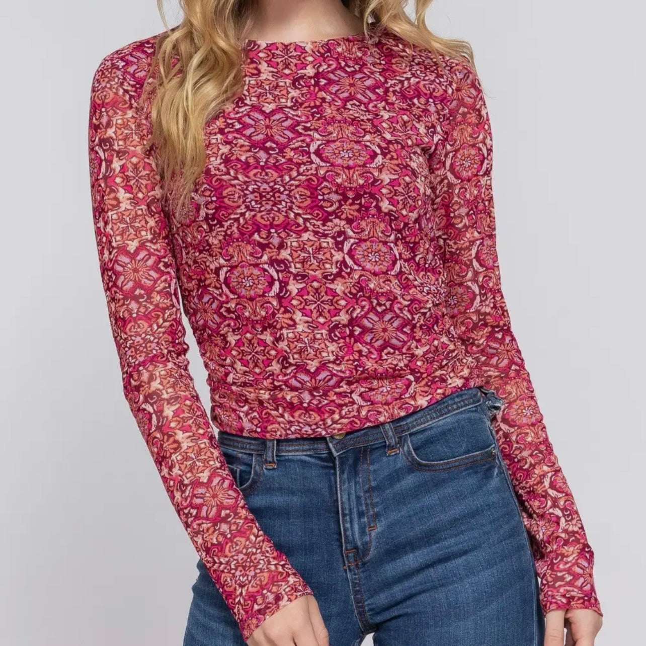 Long Sleeve Side Floral Mesh Top