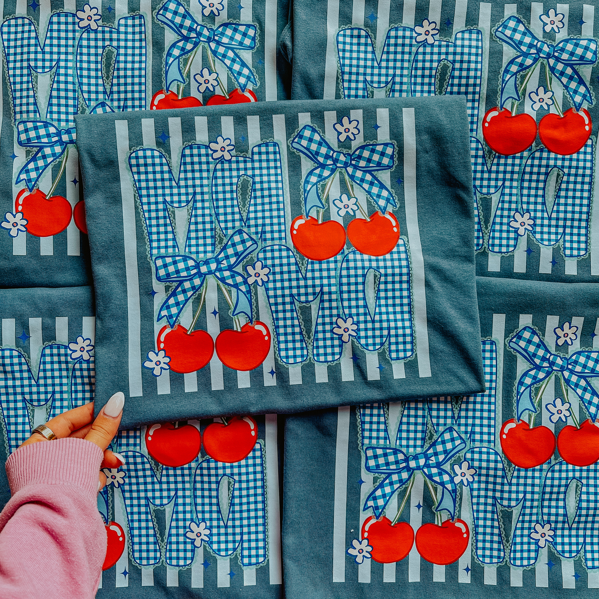 Mama Blue Gingham Cherry Graphic Tee