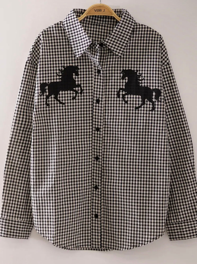 Western Horse Gingham Button Down