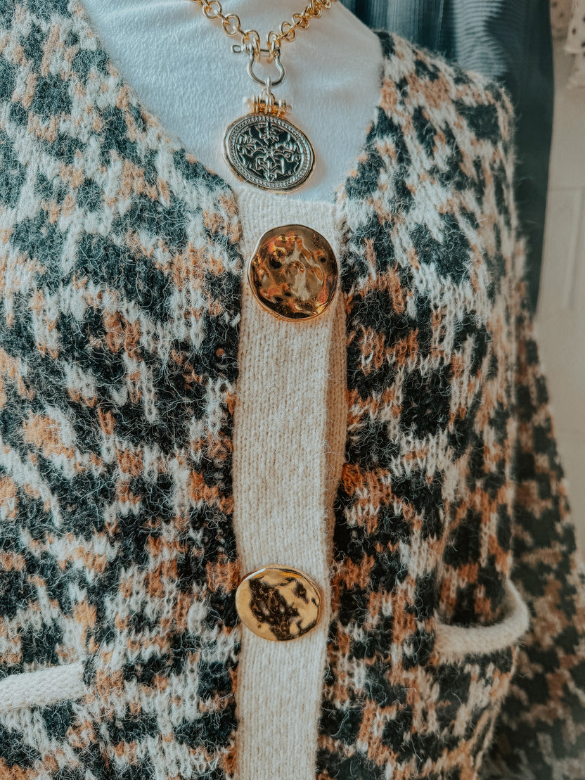 Scoop Neck Leopard Gold Buttons Cardigan