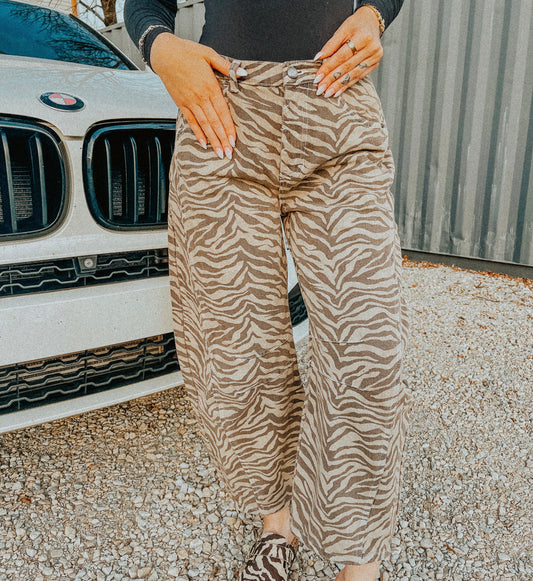 Zebra Printed Barrel Pants