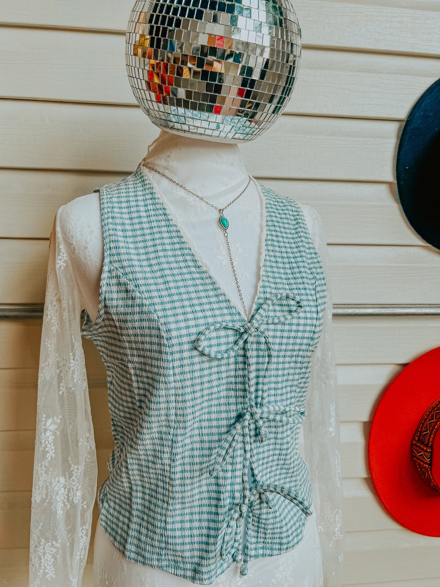Blue Gingham Front Tie Vest
