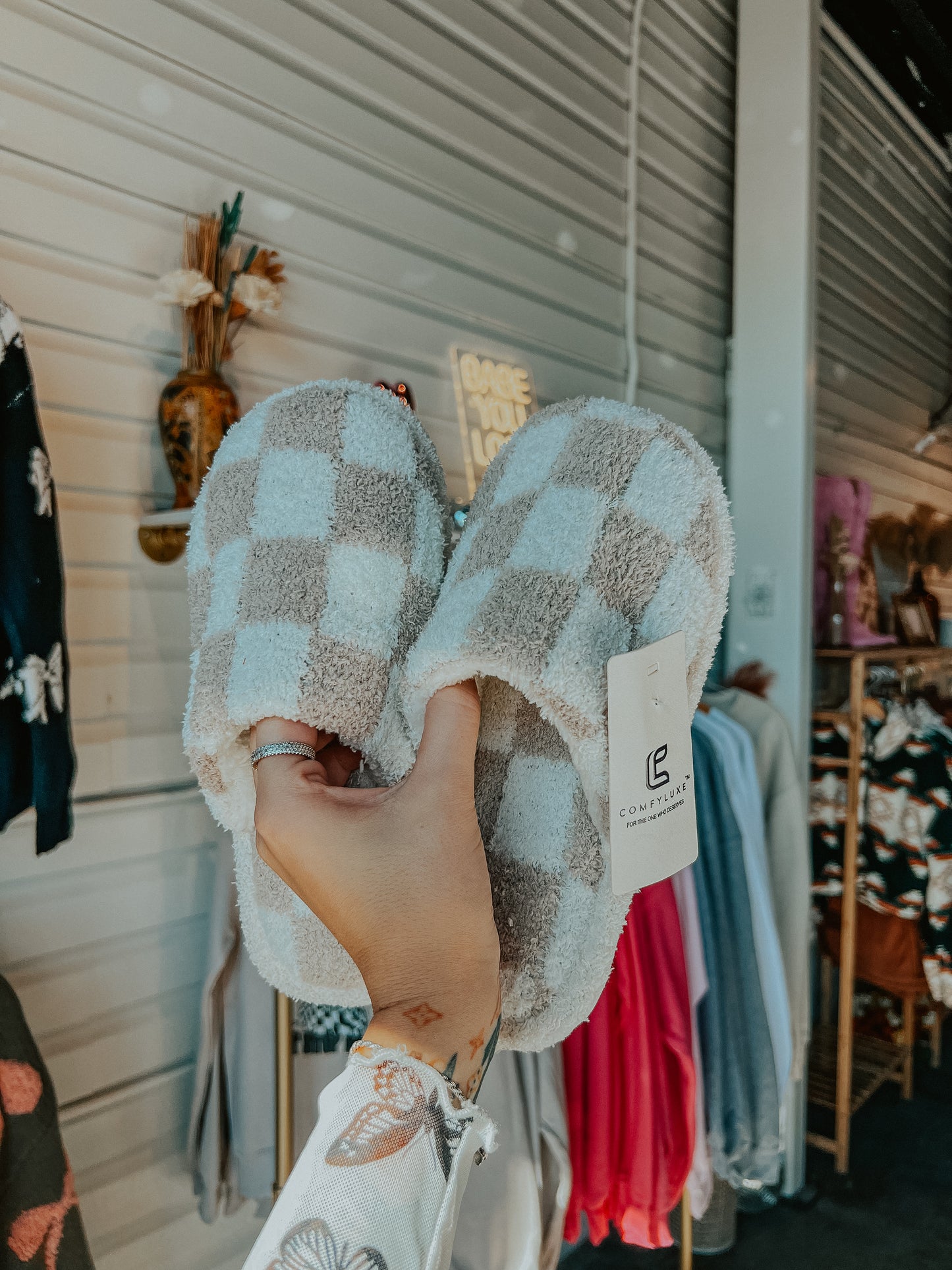 Brown and White Checkered Slippers