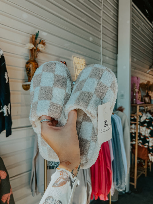 Brown and White Checkered Slippers