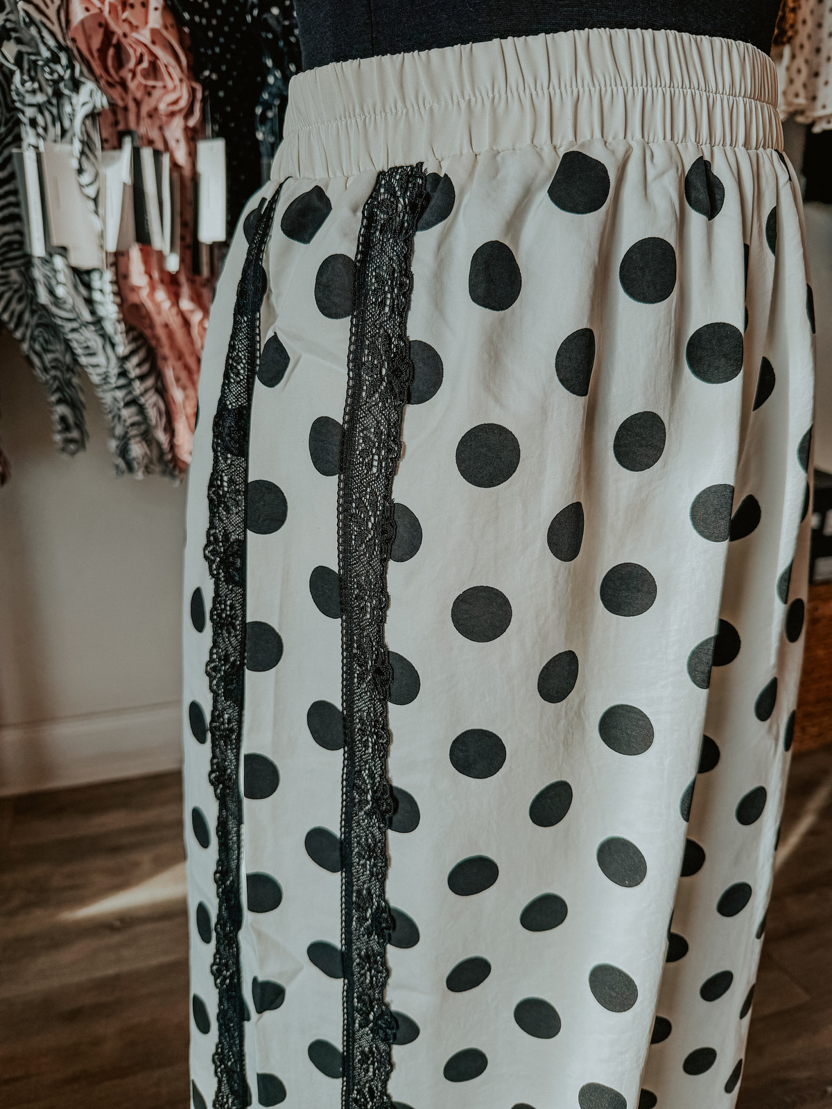 Polka Dot Wide-Leg Pants with Black Lace Stripes