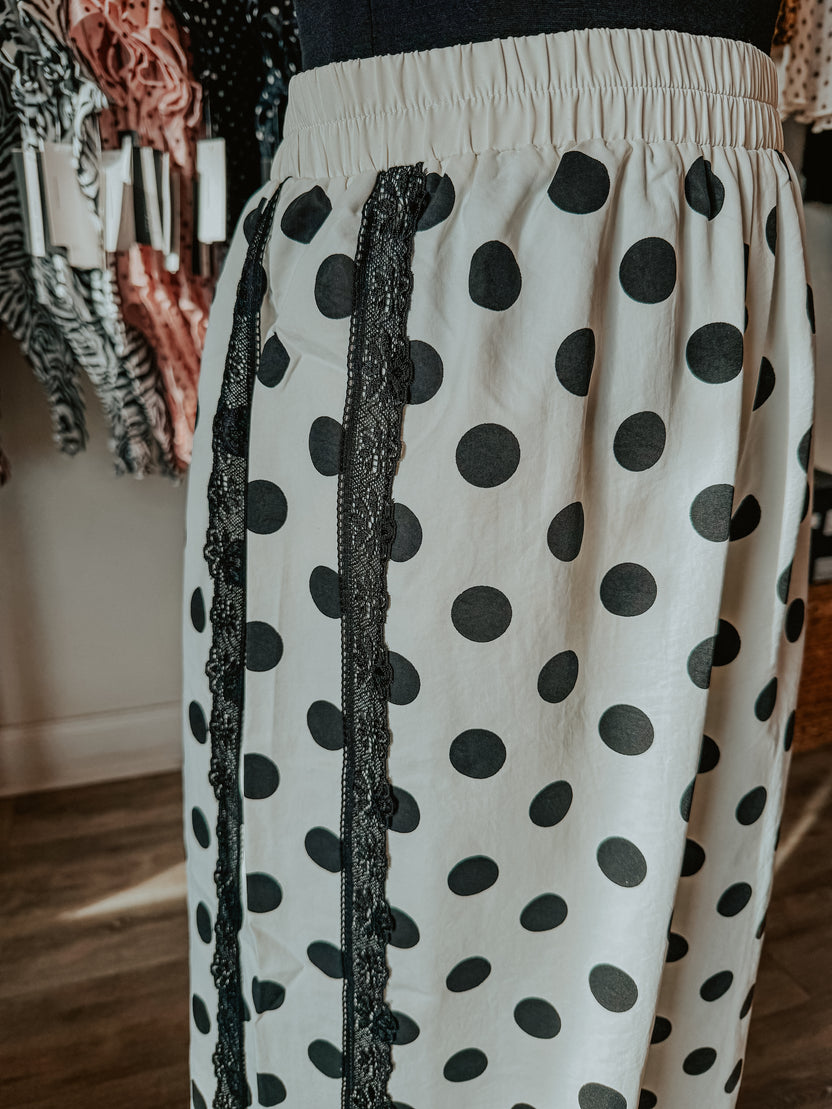 Polka Dot Wide-Leg Pants with Black Lace Stripes