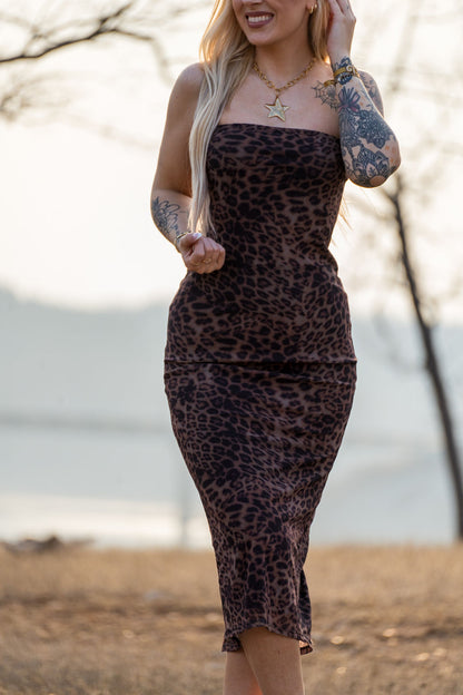 Leopard Print Strapless Midi Dress