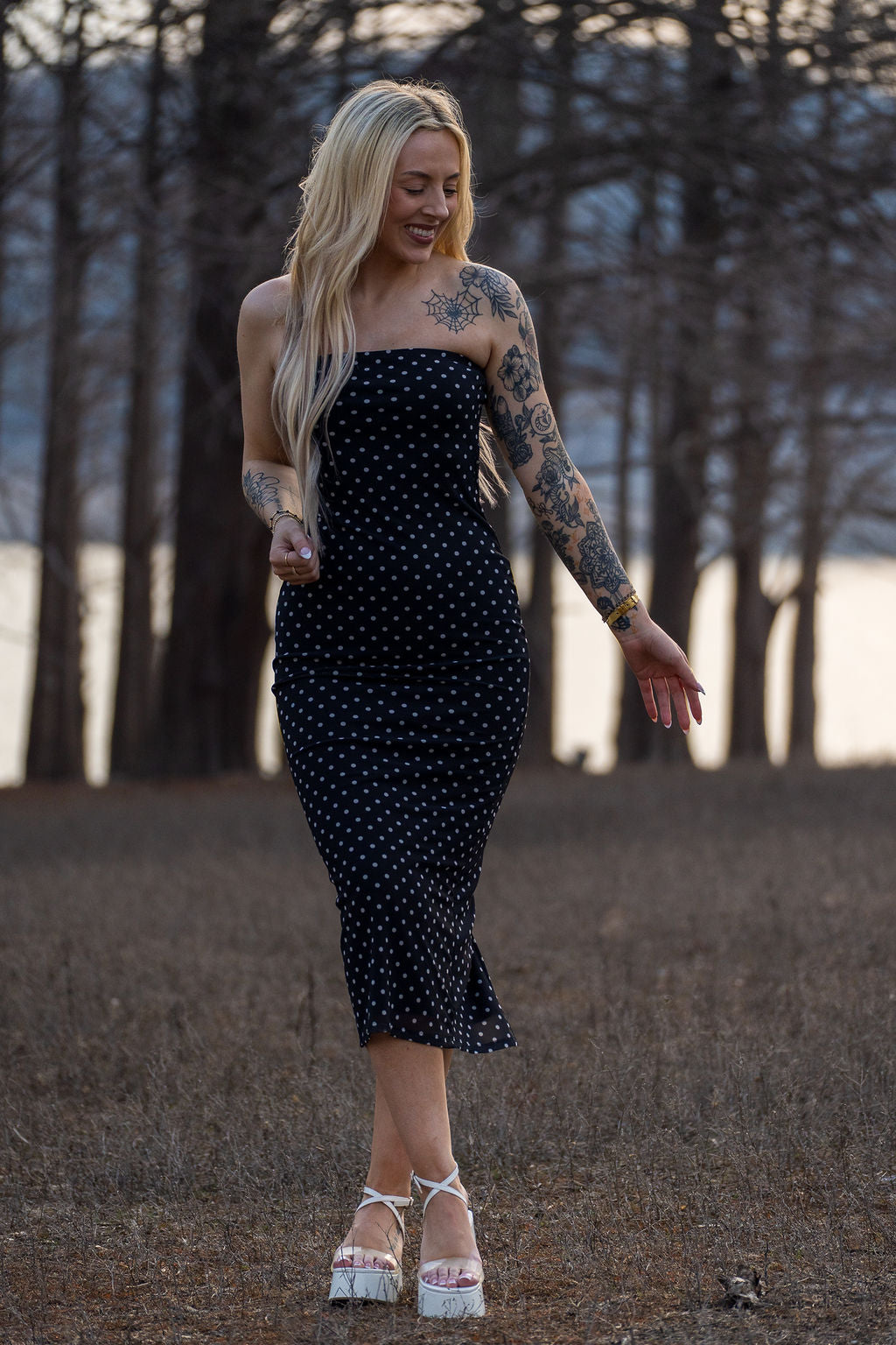 Black & White Polka Dot Strapless Midi Dress