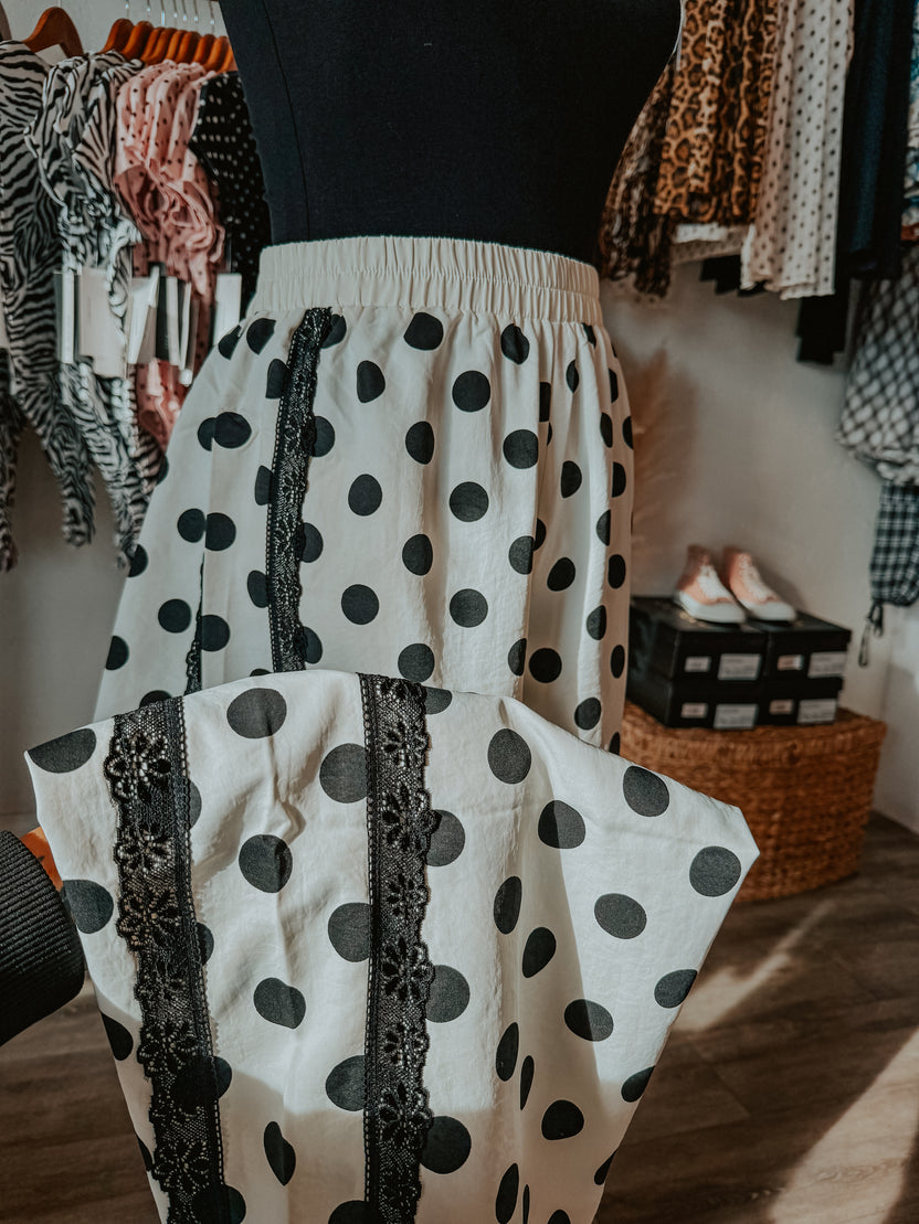Polka Dot Wide-Leg Pants with Black Lace Stripes