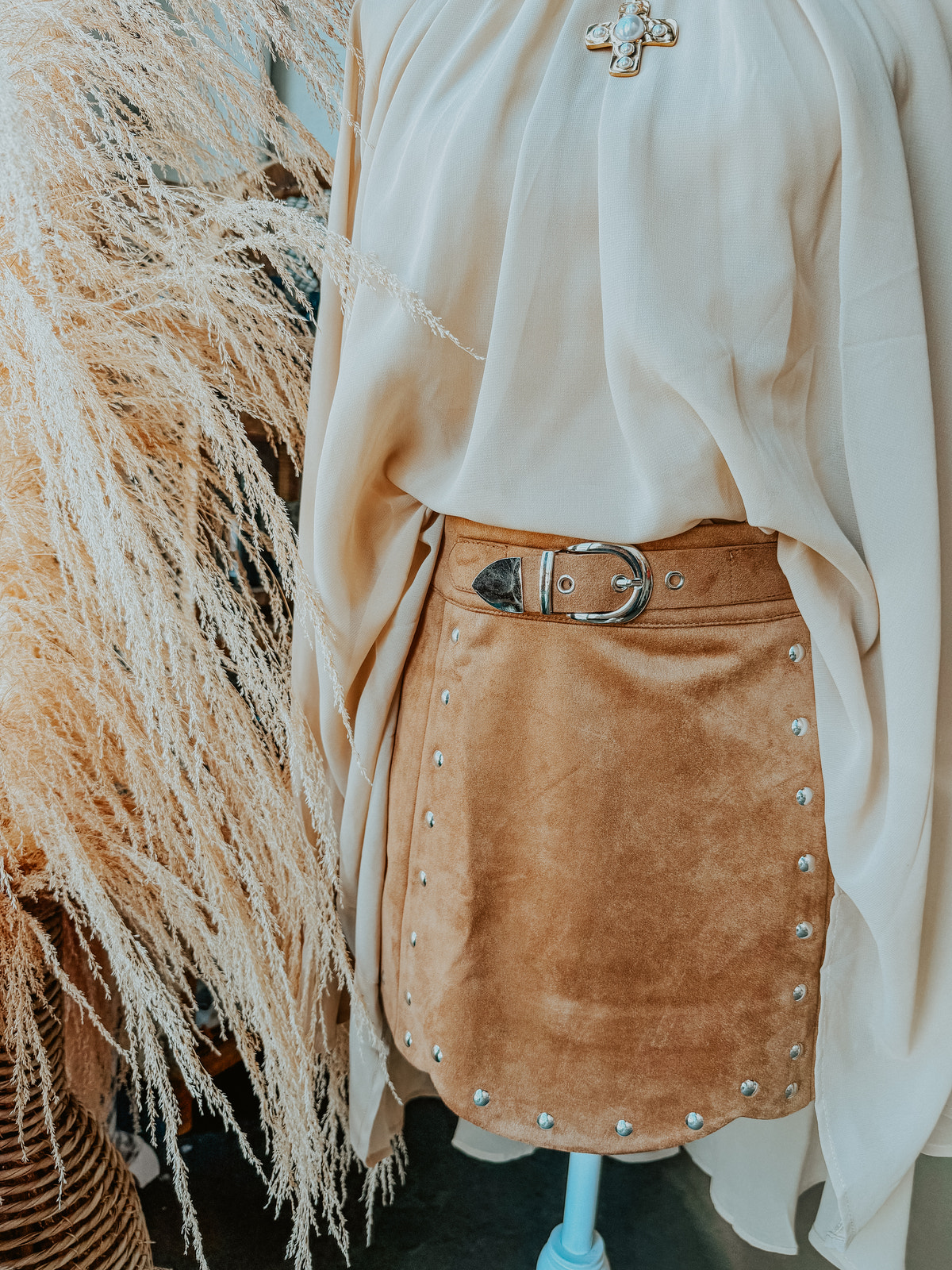 Camel Faux Suede Studded Buckle Mini Skirt