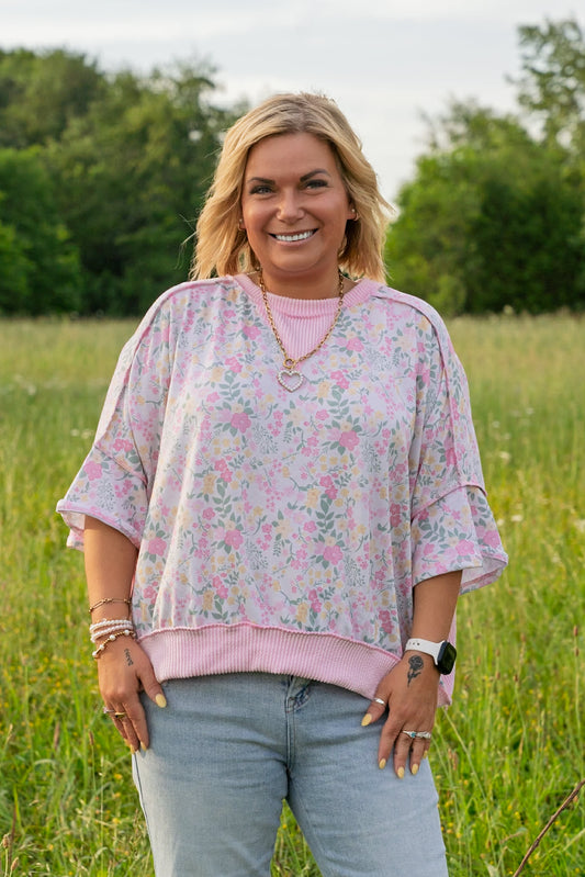 Oversized Floral Ruffled Sleeve Top