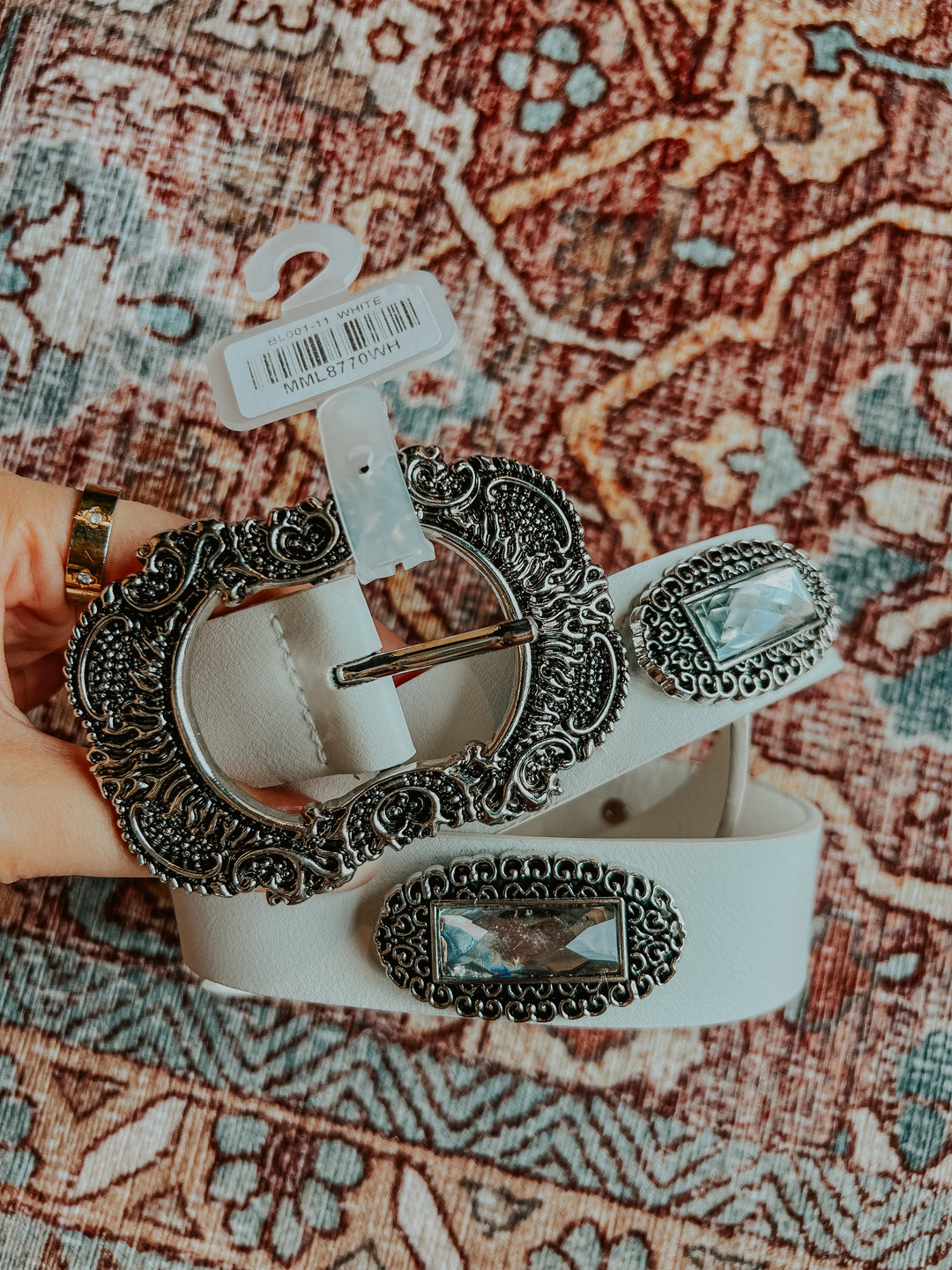 Embroidered Buckle White Belt