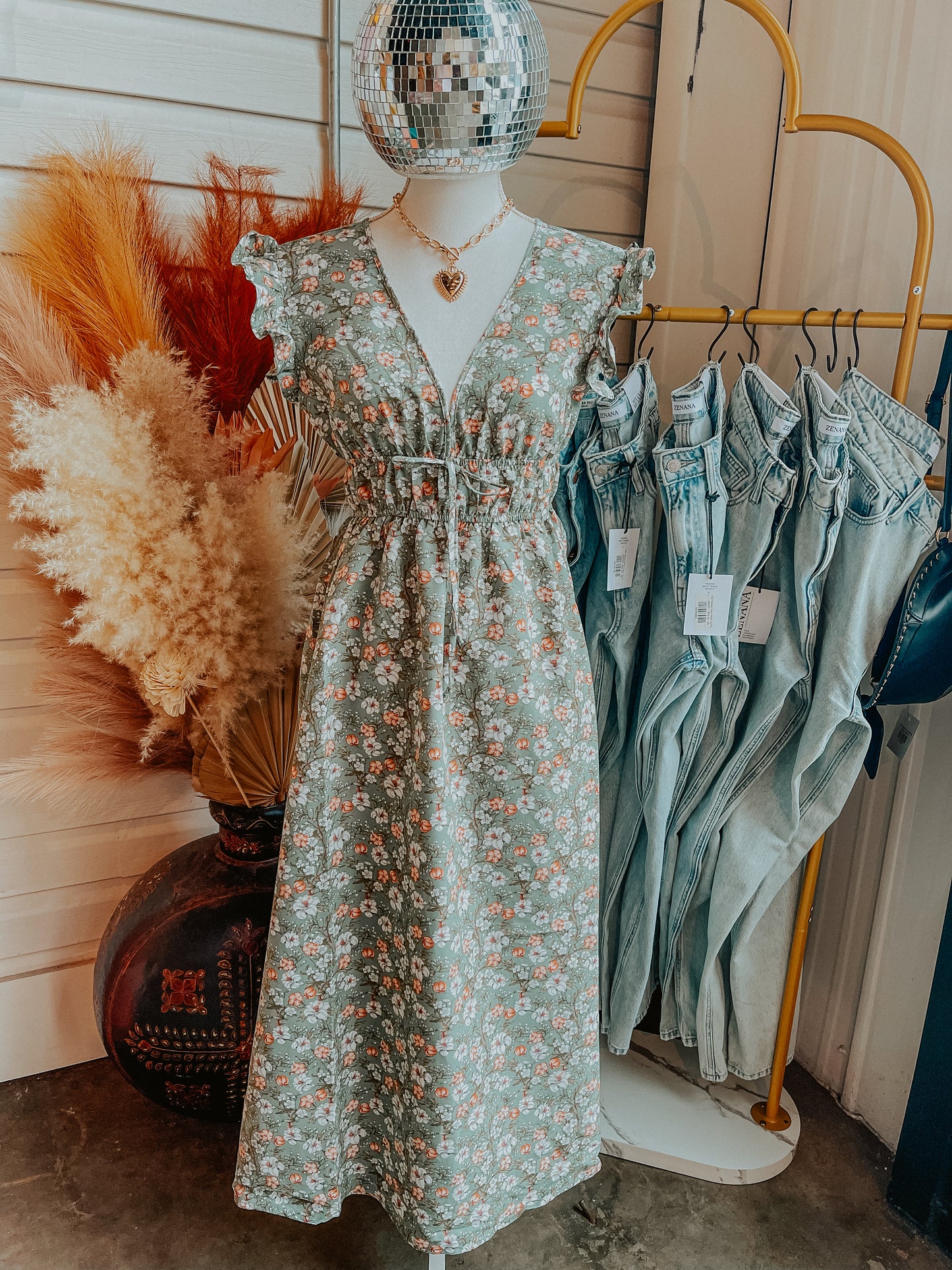 V-Neck Sage Floral Midi Dress