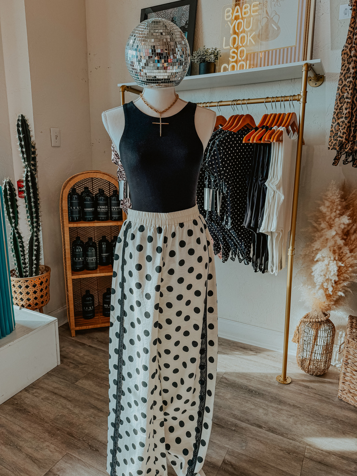 Polka Dot Wide-Leg Pants with Black Lace Stripes