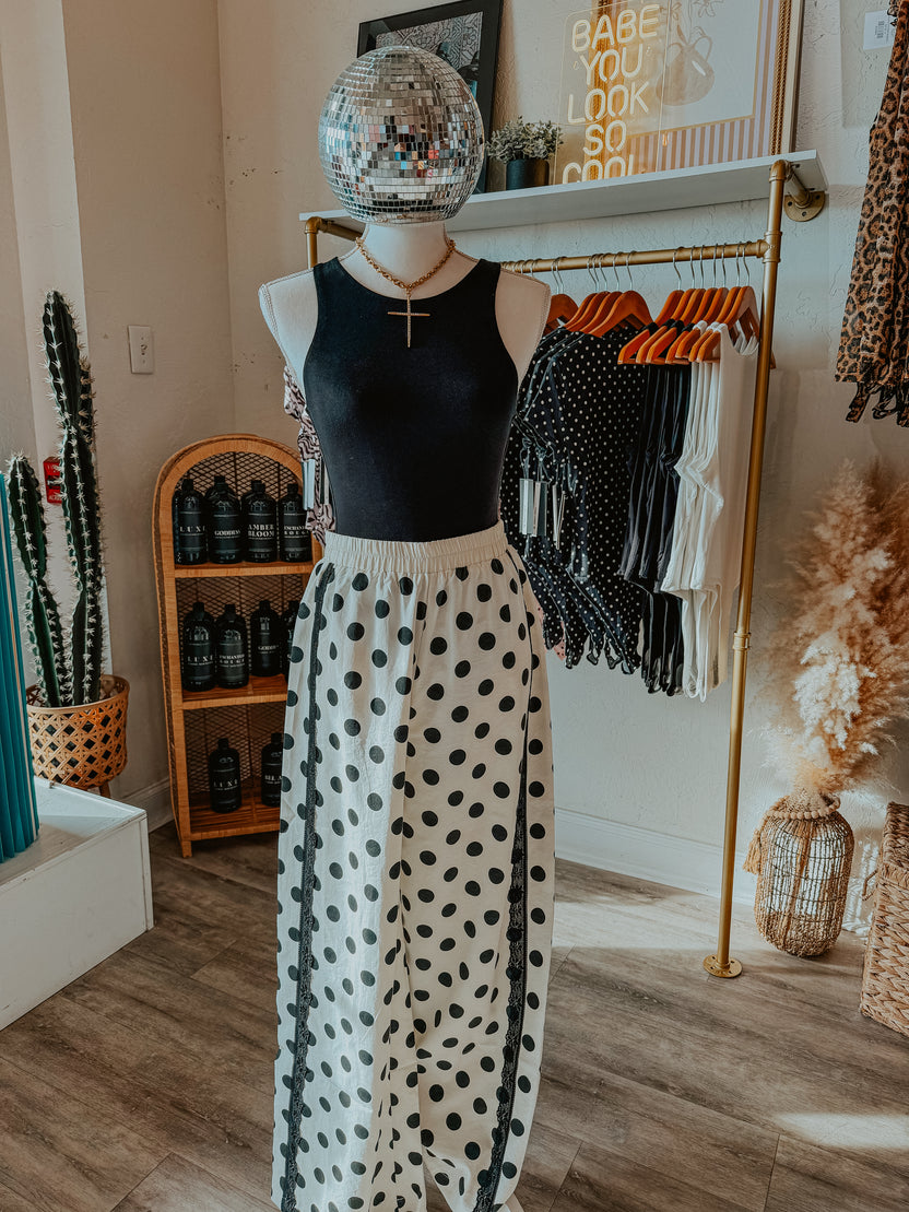 Polka Dot Wide-Leg Pants with Black Lace Stripes