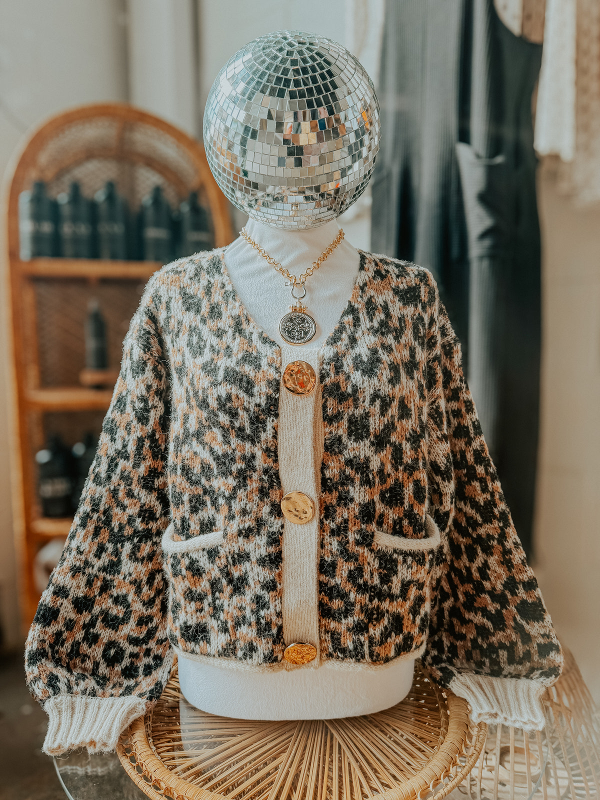 Scoop Neck Leopard Gold Buttons Cardigan