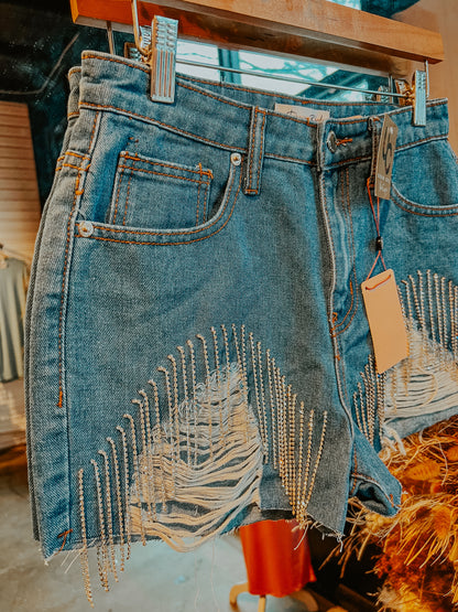Rhinestone Fringe Denim Shorts