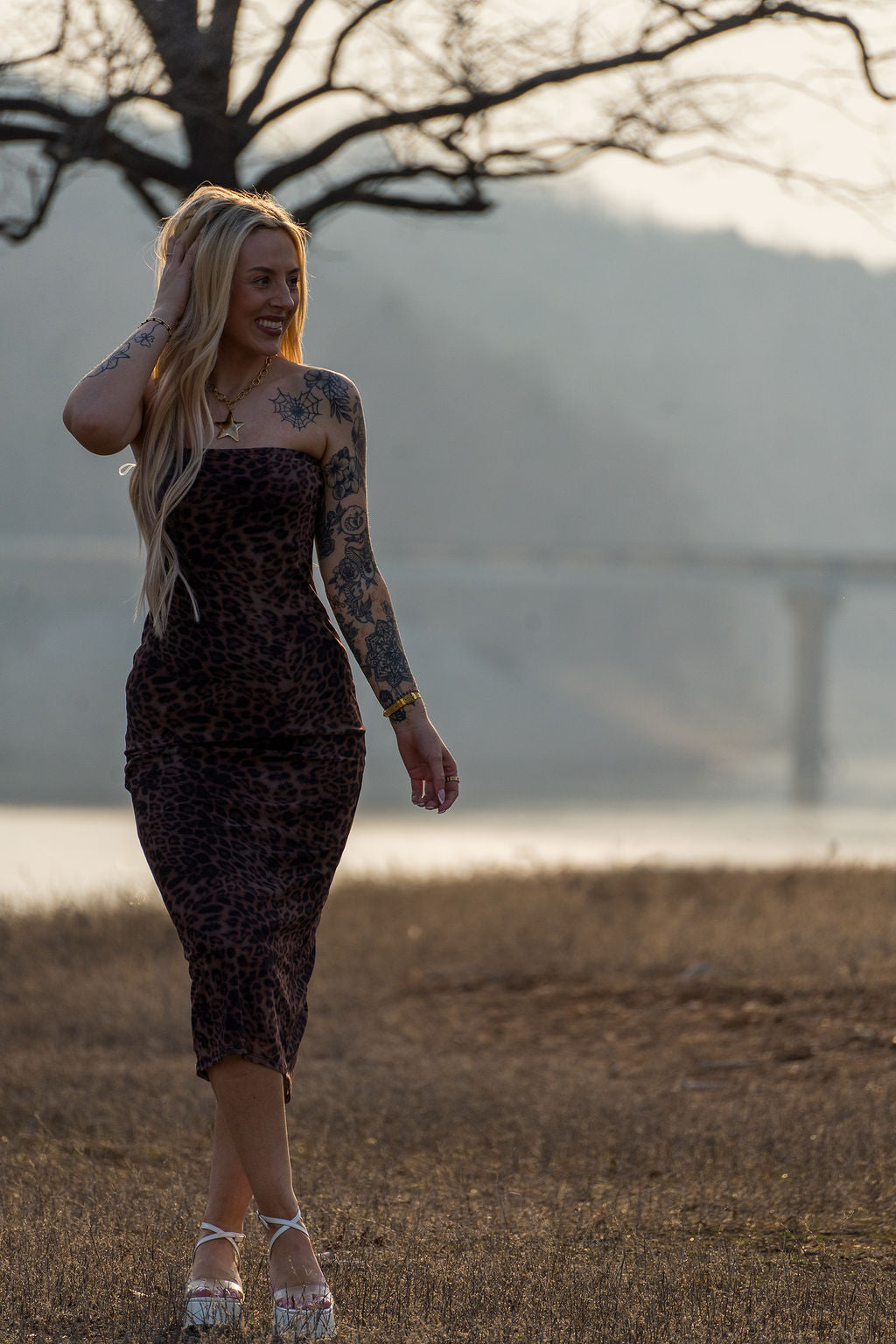 Leopard Print Strapless Midi Dress