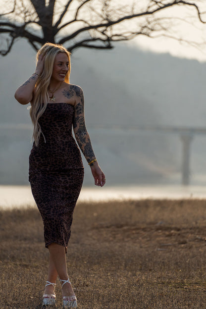 Leopard Print Strapless Midi Dress