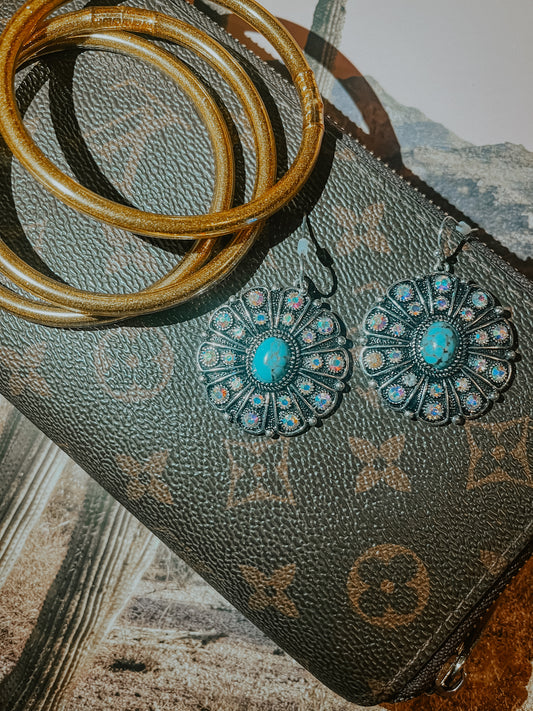 Turquoise & Iridescent Crystal Hanshaw Concho Earrings