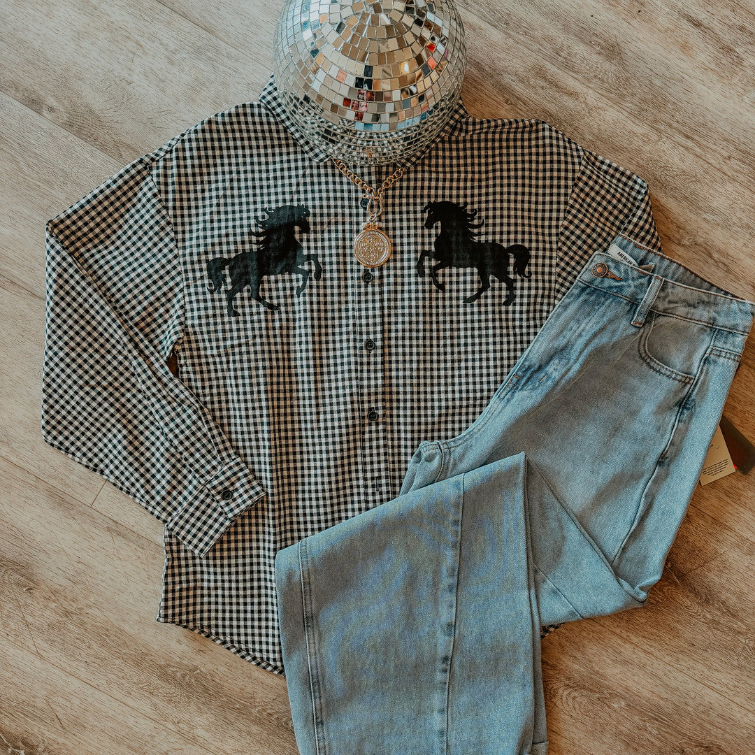 Western Horse Gingham Button Down