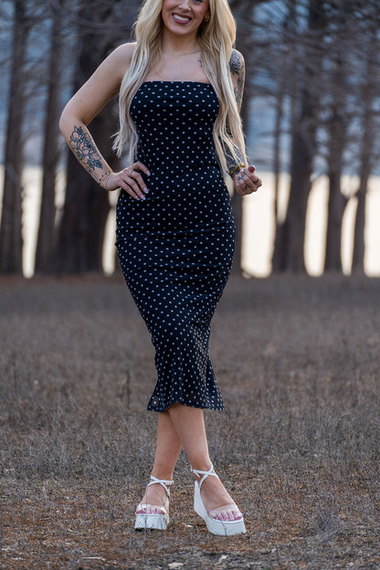 Black & White Polka Dot Strapless Midi Dress