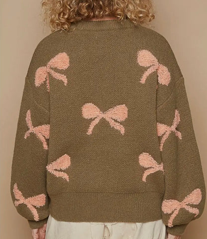 Olive Green and Pink Ribbon Ballon Sleeved Sweater