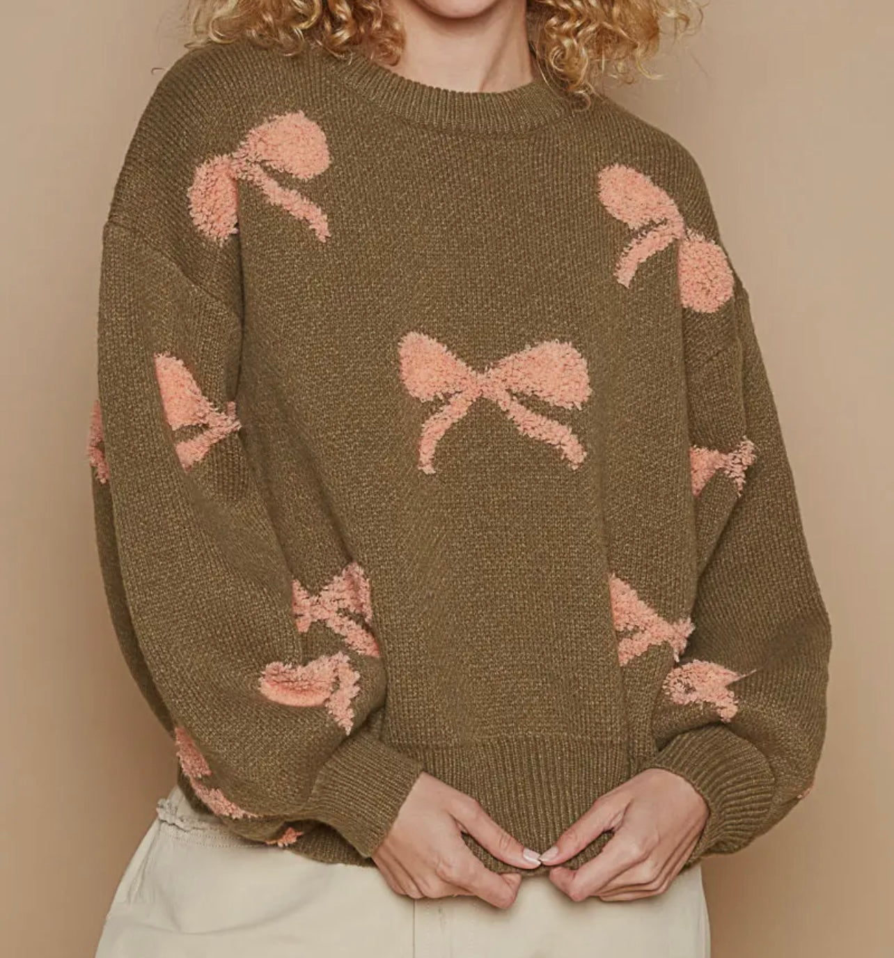 Olive Green and Pink Ribbon Ballon Sleeved Sweater