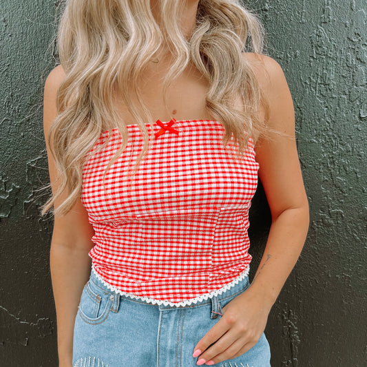Red Checkered Bandeau Top