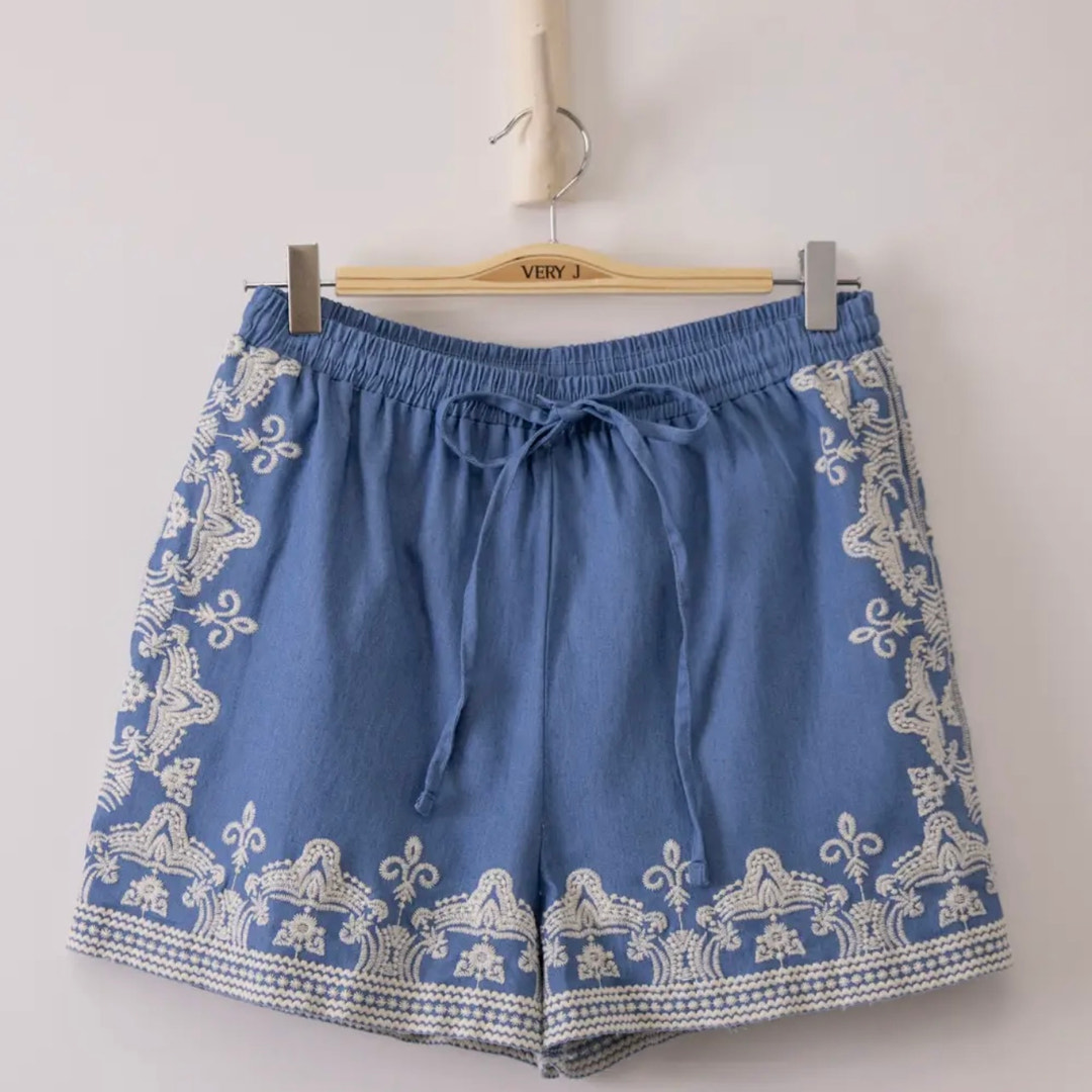 Washed Chambray Embroidered Shorts