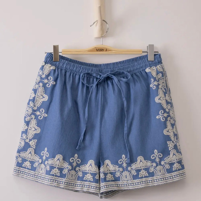 Washed Chambray Embroidered Shorts