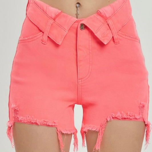 High Rise Fold Over Distressed Vintage Shorts