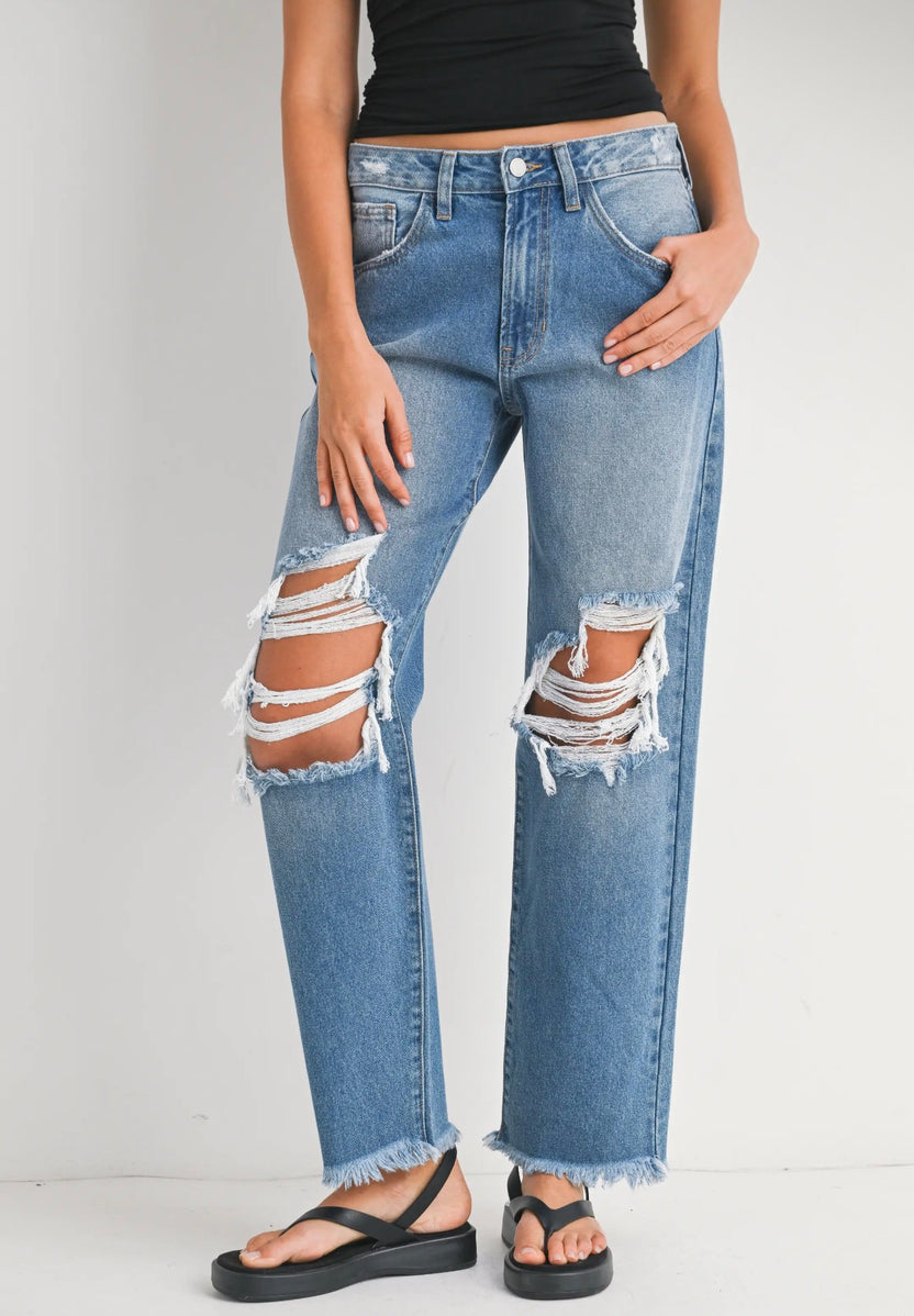 Judy Blue Low Rider Knee Blow Wide - Medium Denim