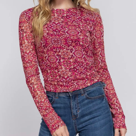 Long Sleeve Side Floral Mesh Top