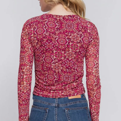 Long Sleeve Side Floral Mesh Top