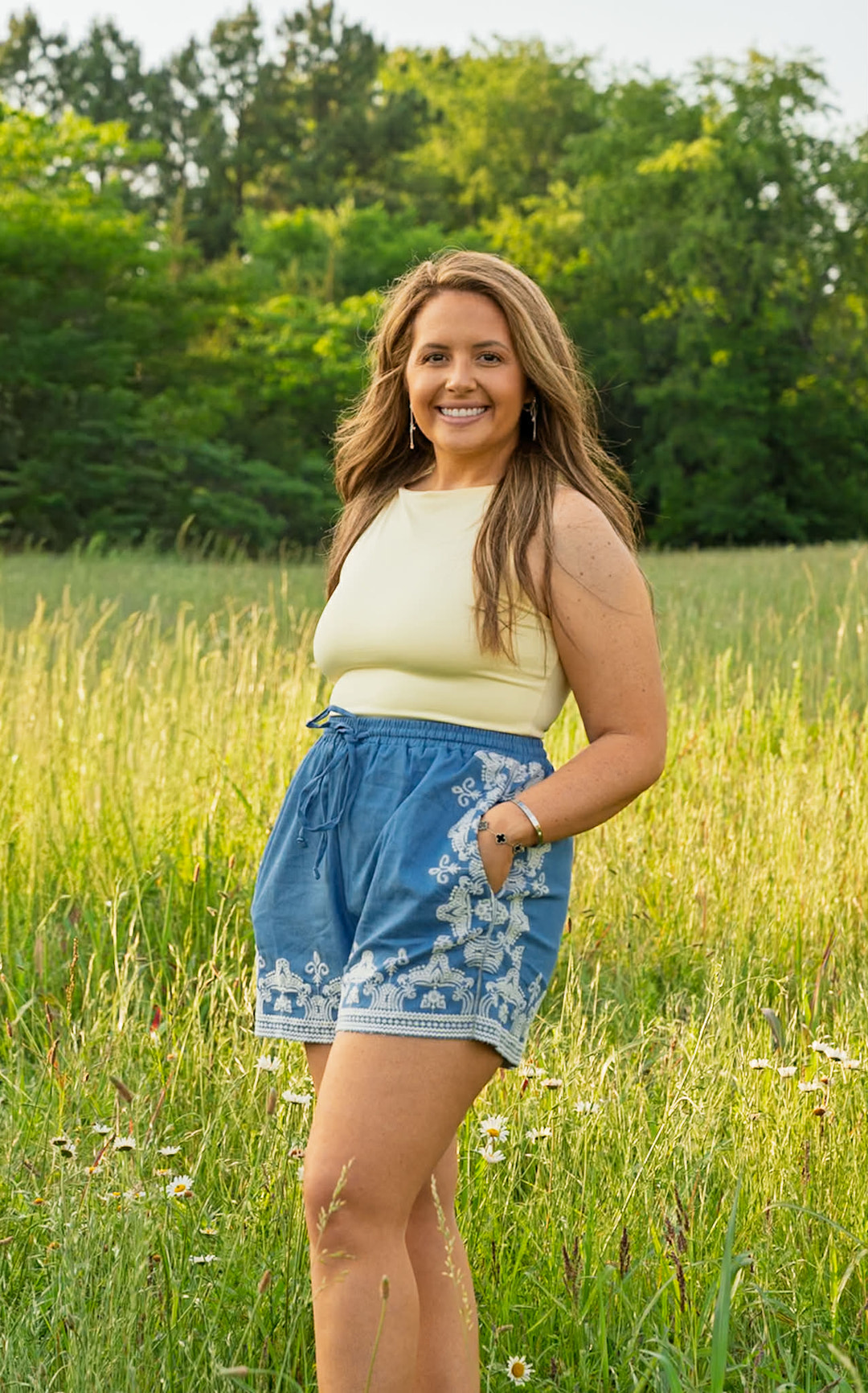 Washed Chambray Embroidered Shorts