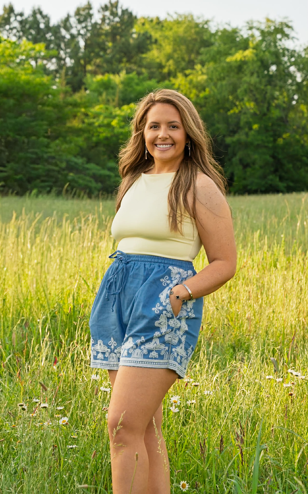 Washed Chambray Embroidered Shorts